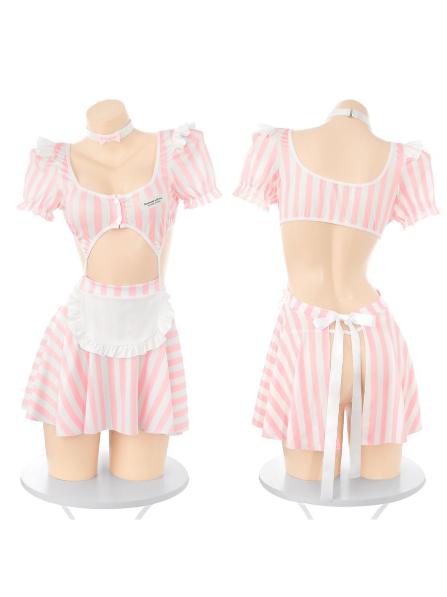Pink Striped Maid Cosplay Babydoll Dress Set Blesssafe