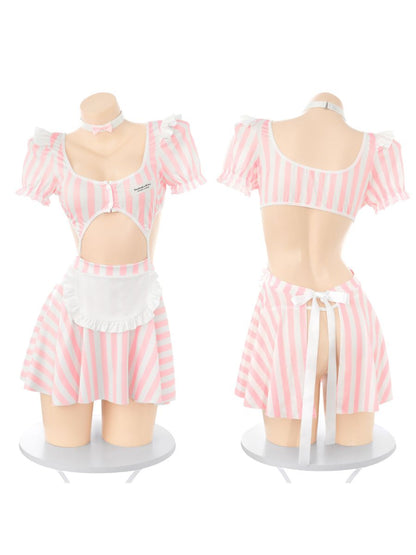 Pink Striped Maid Cosplay Babydoll Dress Set Blesssafe