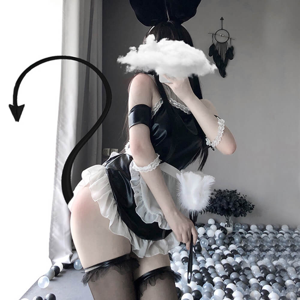 Patent Leather Bunny Maid Cosplay Teddy Uniform with Apron Blesssafe