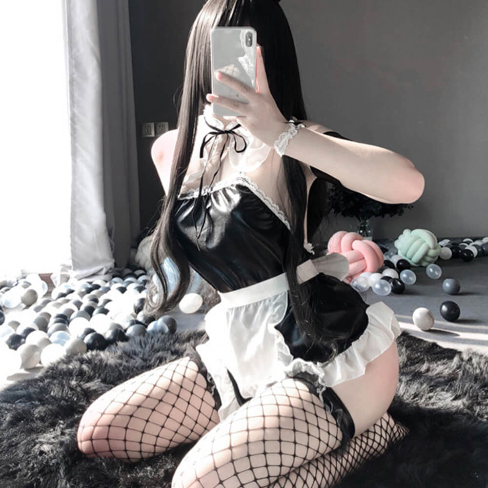 Patent Leather Bunny Maid Cosplay Teddy Uniform with Apron Blesssafe