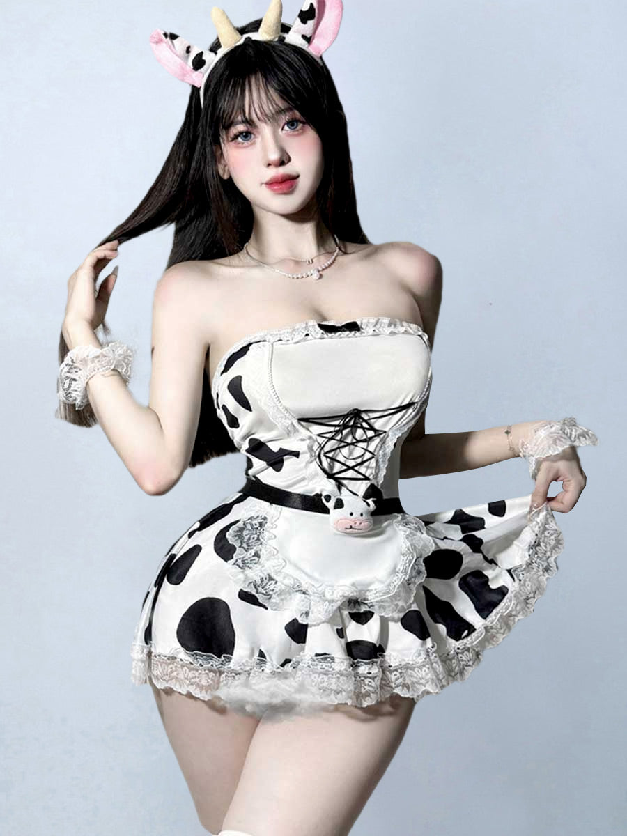 Cow Maid Cosplay Mini Dress - Sweet Flouncy Anime Servant Uniform Blesssafe