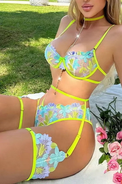 Bountiful Bouquet Green Gartered Lingerie Bra Set - Exotic Wear BLESSSAFE
