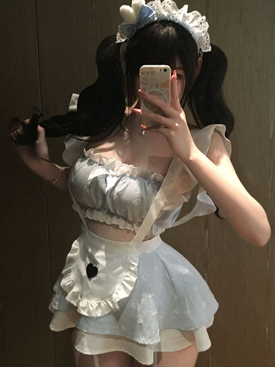Blue Gingham Ruffle Maid Cosplay Outfit Set Blesssafe