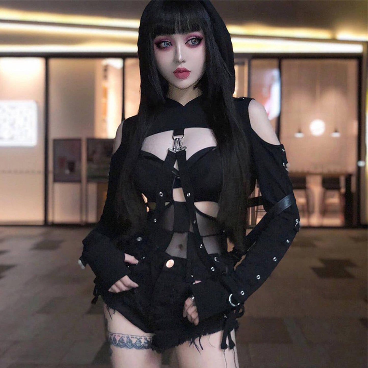 Dark Gothic Lingerie Off-Shoulder Hoodie