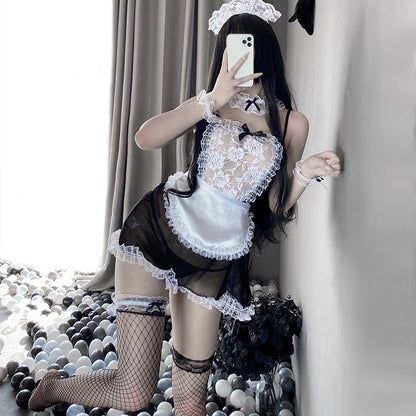 Transparent Lace French Maid Teddy Lingerie Outfit Set Blesssafe