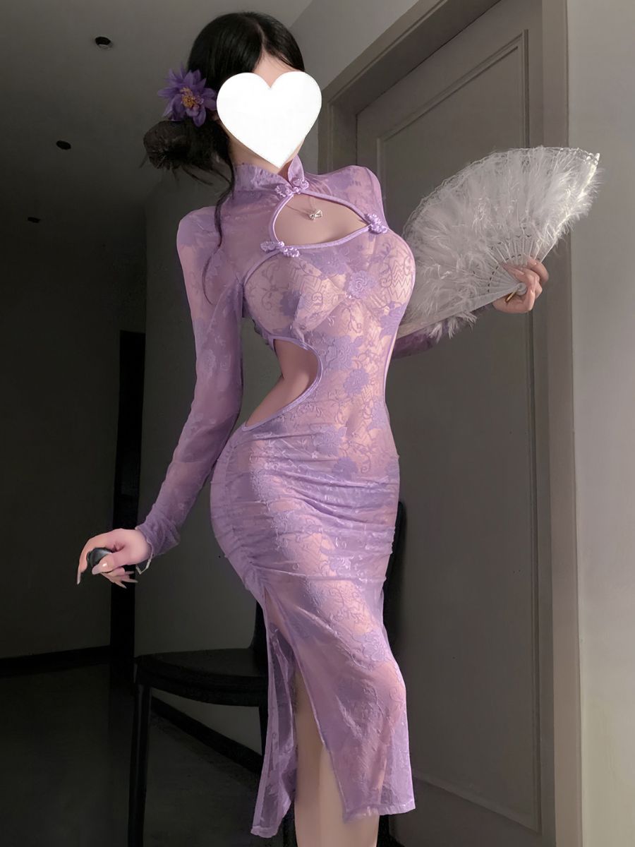 Purple Floral Lace Slit Cheongsam - Transparent Chinese Teddy Blesssafe