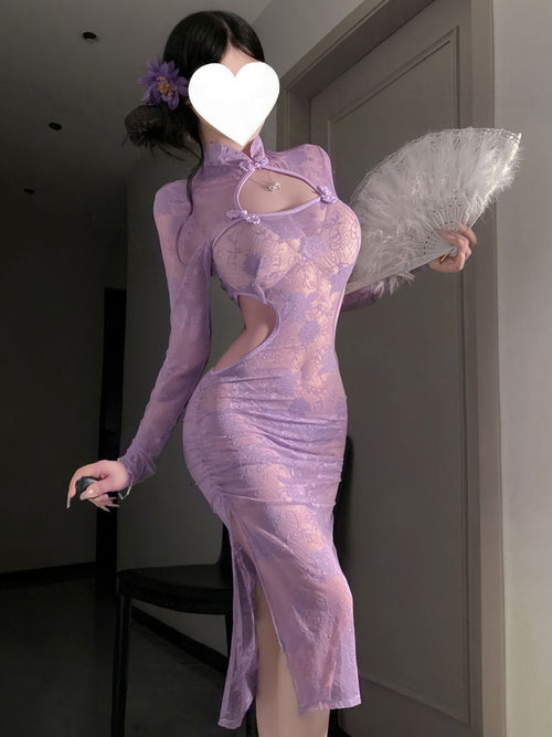 Purple Floral Lace Slit Cheongsam - Transparent Chinese Teddy Blesssafe