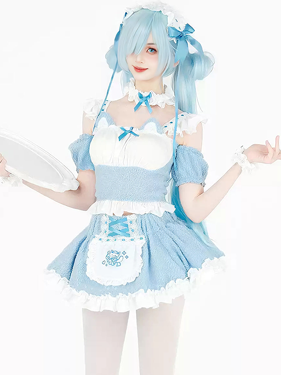Fleece Light Blue Cat Maid Cosplay Outfit Set Blesssafe