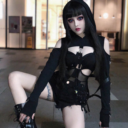 Dark Gothic Lingerie Off-Shoulder Hoodie
