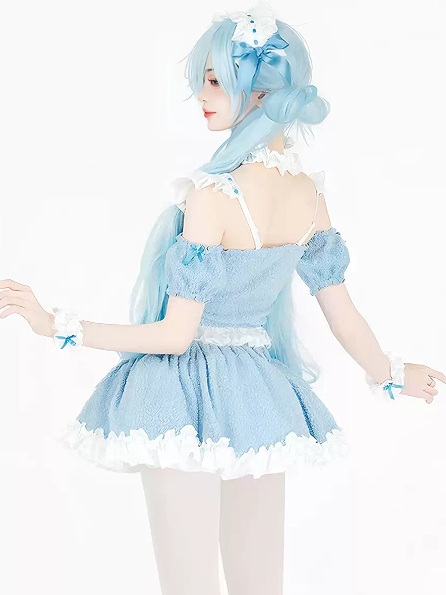 Fleece Light Blue Cat Maid Cosplay Outfit Set Blesssafe