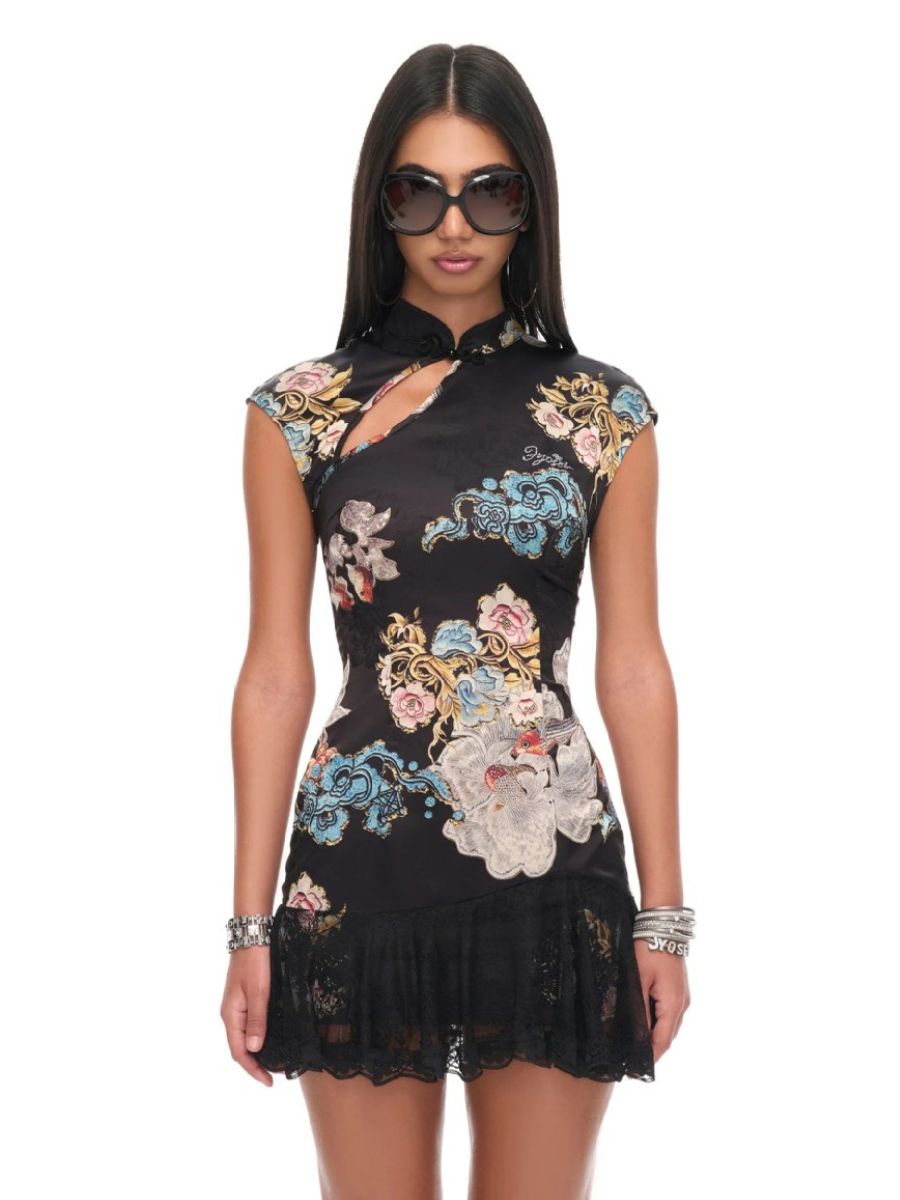 Black Floral Cheongsam Mini Dress - Vintage Asian Style Outfit Blesssafe