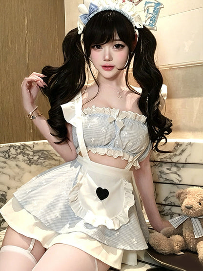 Blue Gingham Ruffle Maid Cosplay Outfit Set Blesssafe