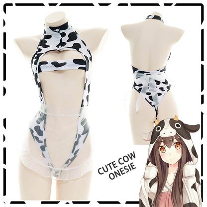 Sexy Cow Print Maid Anime Lingerie Lolita Japanese Hollow Out Cosplay Costume Blesssafe