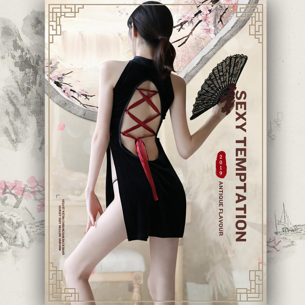 Sexy Hot Cheongsam Side Split Velvet Cross Straps Back Lingerie Costume Blesssafe