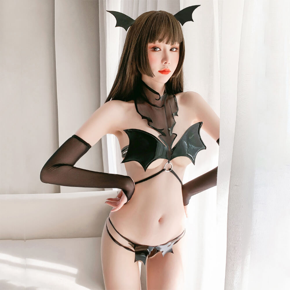 Faux Leather Lingerie Succubus Bat Bikini