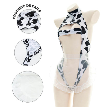 Sexy Cow Print Maid Anime Lingerie Lolita Japanese Hollow Out Cosplay Costume Blesssafe