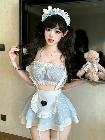 Blue Gingham Ruffle Maid Cosplay Outfit Set Blesssafe