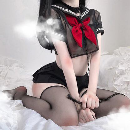 Anime Mesh Crop Top and Mini Skirt - Sheer Transparent Uniform Blesssafe