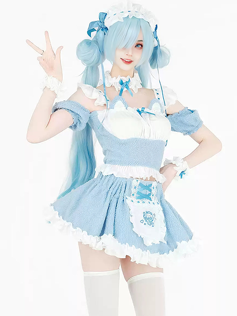 Fleece Light Blue Cat Maid Cosplay Outfit Set Blesssafe
