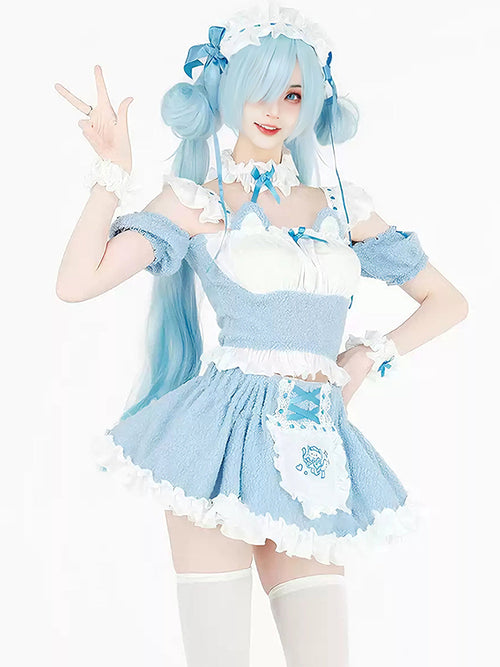 Fleece Light Blue Cat Maid Cosplay Outfit Set Blesssafe
