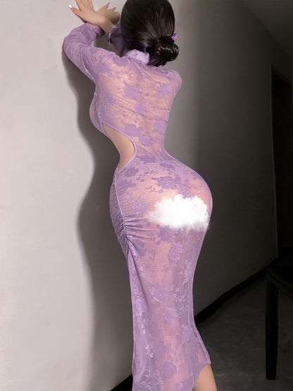 Purple Floral Lace Slit Cheongsam - Transparent Chinese Teddy Blesssafe