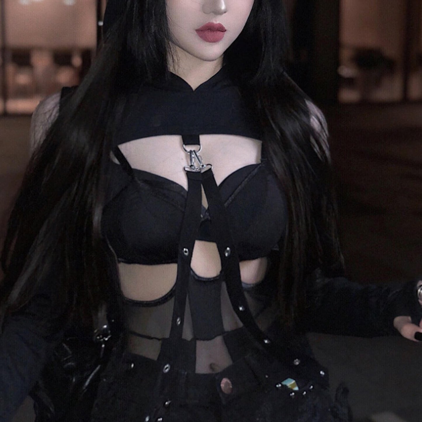 Dark Gothic Lingerie Off-Shoulder Hoodie