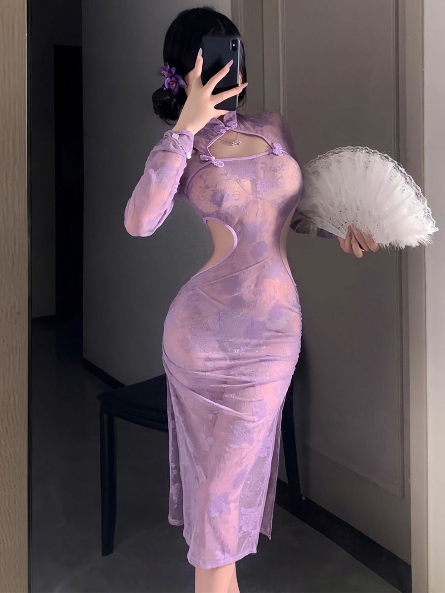 Purple Floral Lace Slit Cheongsam - Transparent Chinese Teddy Blesssafe