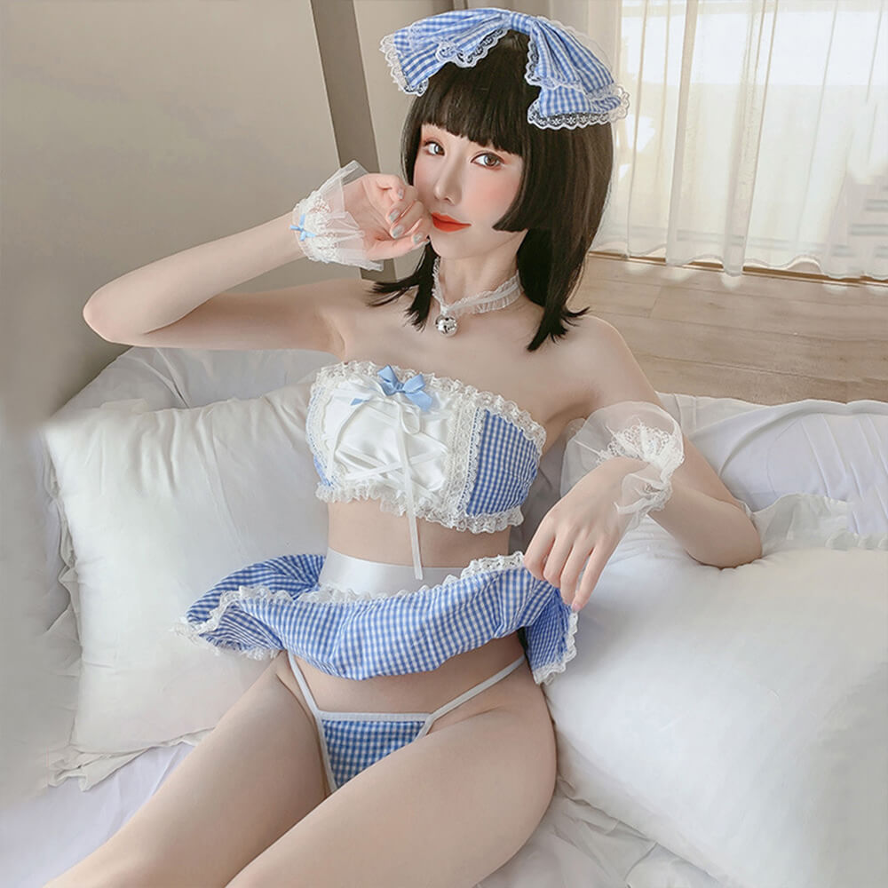 Sexy Lace Anime Maid Apron Tube Top Babydoll Costume Set Blesssafe
