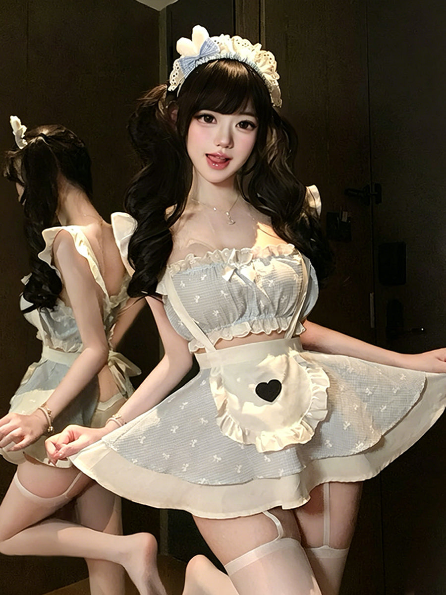 Blue Gingham Ruffle Maid Cosplay Outfit Set Blesssafe