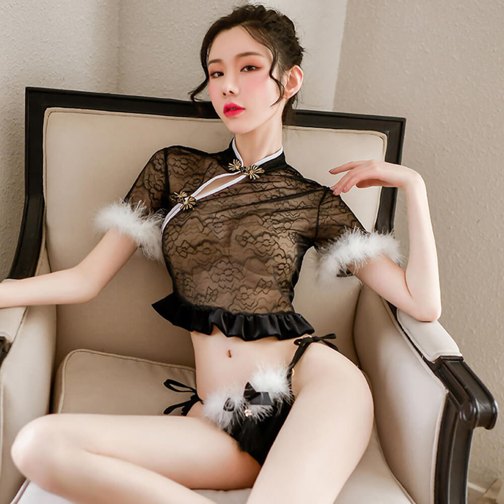 2 Colors Chinese Cheongsam Lingerie Set Lace See Through Ruffle Anime Cosplay Costume Blesssafe