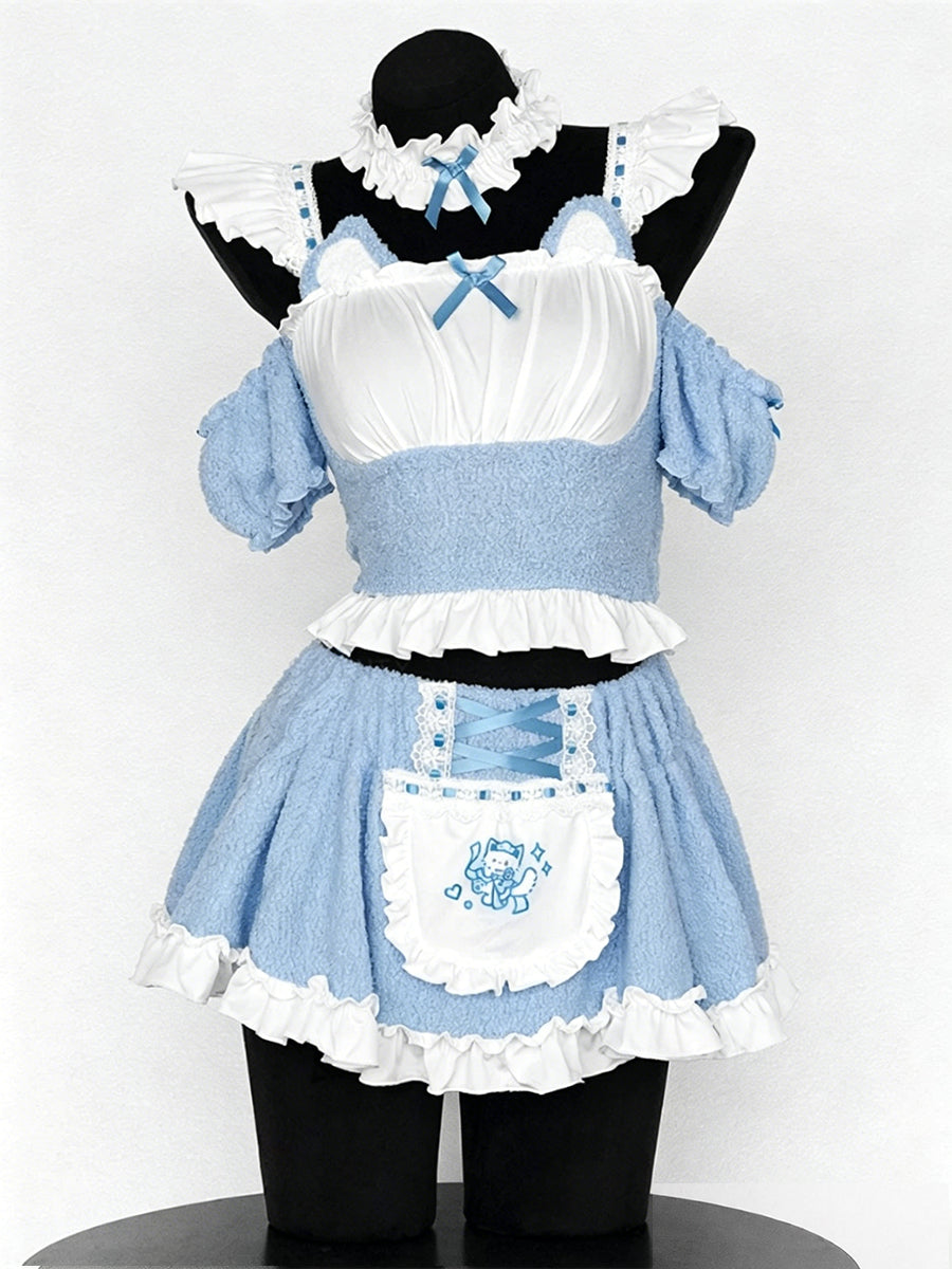 Fleece Light Blue Cat Maid Cosplay Outfit Set Blesssafe