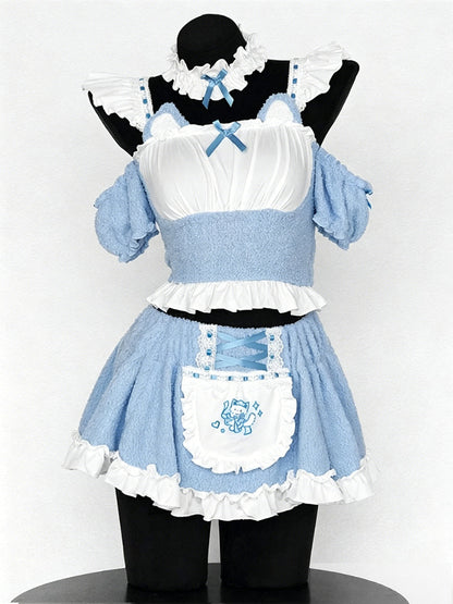 Fleece Light Blue Cat Maid Cosplay Outfit Set Blesssafe