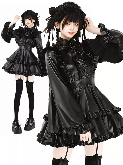 Midnight Sorceress Leather Elastic Maid Dress - Roleplay Costumes BLESSSAFE