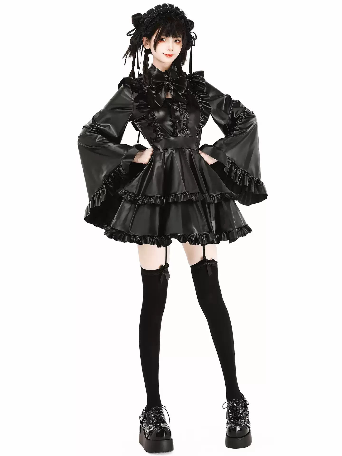 Midnight Sorceress Leather Elastic Maid Dress - Roleplay Costumes BLESSSAFE