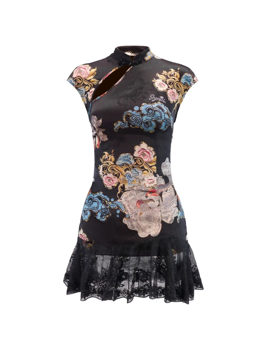 Black Floral Cheongsam Mini Dress - Vintage Asian Style Outfit Blesssafe