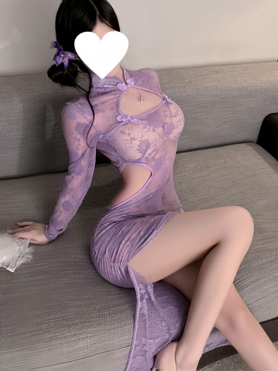 Purple Floral Lace Slit Cheongsam - Transparent Chinese Teddy Blesssafe