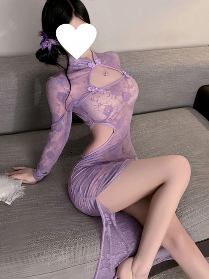 Purple Floral Lace Slit Cheongsam - Transparent Chinese Teddy Blesssafe