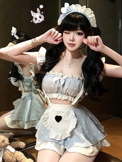 Blue Gingham Ruffle Maid Cosplay Outfit Set Blesssafe