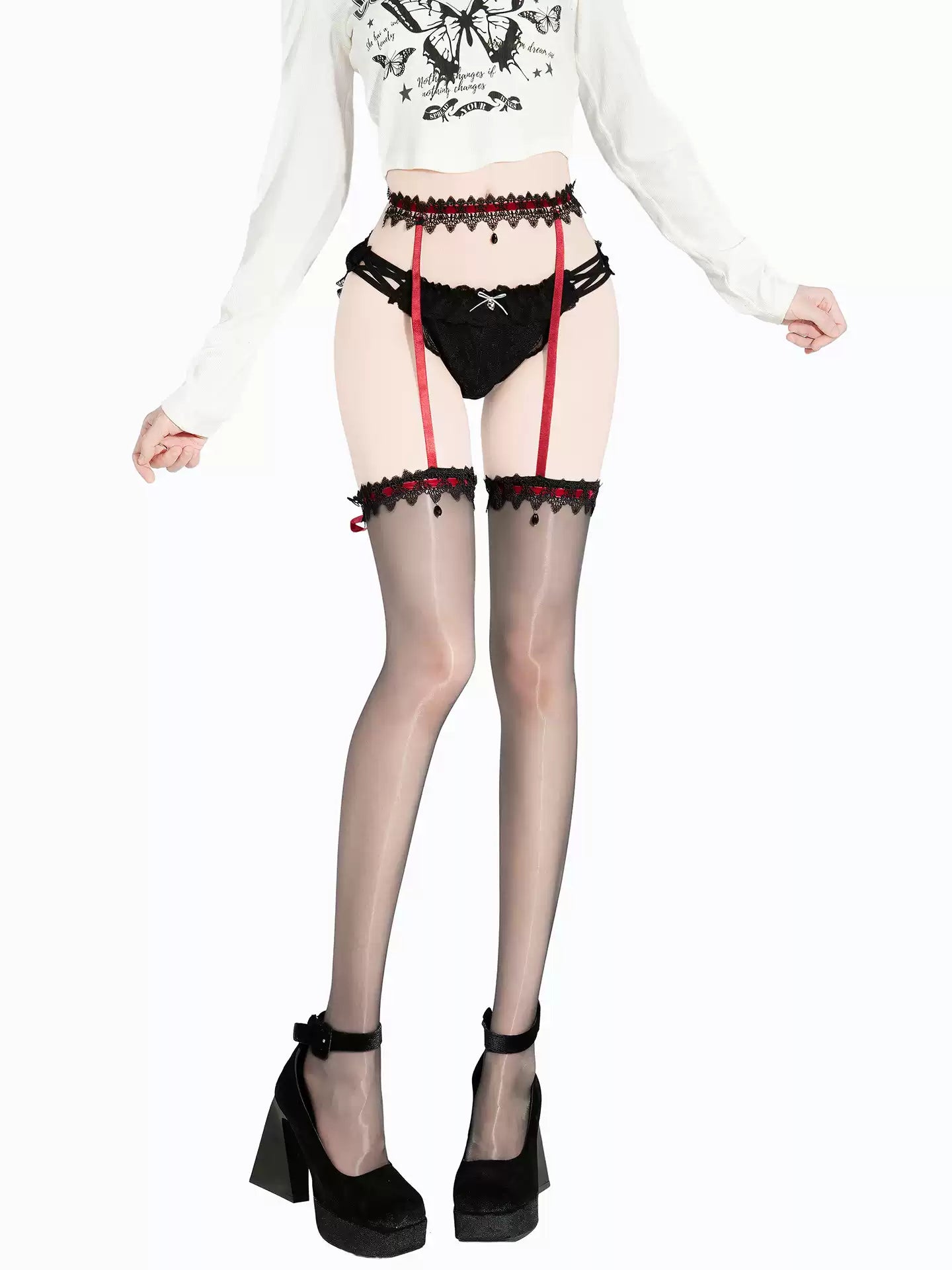 Glazed Ribbon 3D Oil-Shiny Thigh High Stockings - Exotic Wear BLESSSAFE