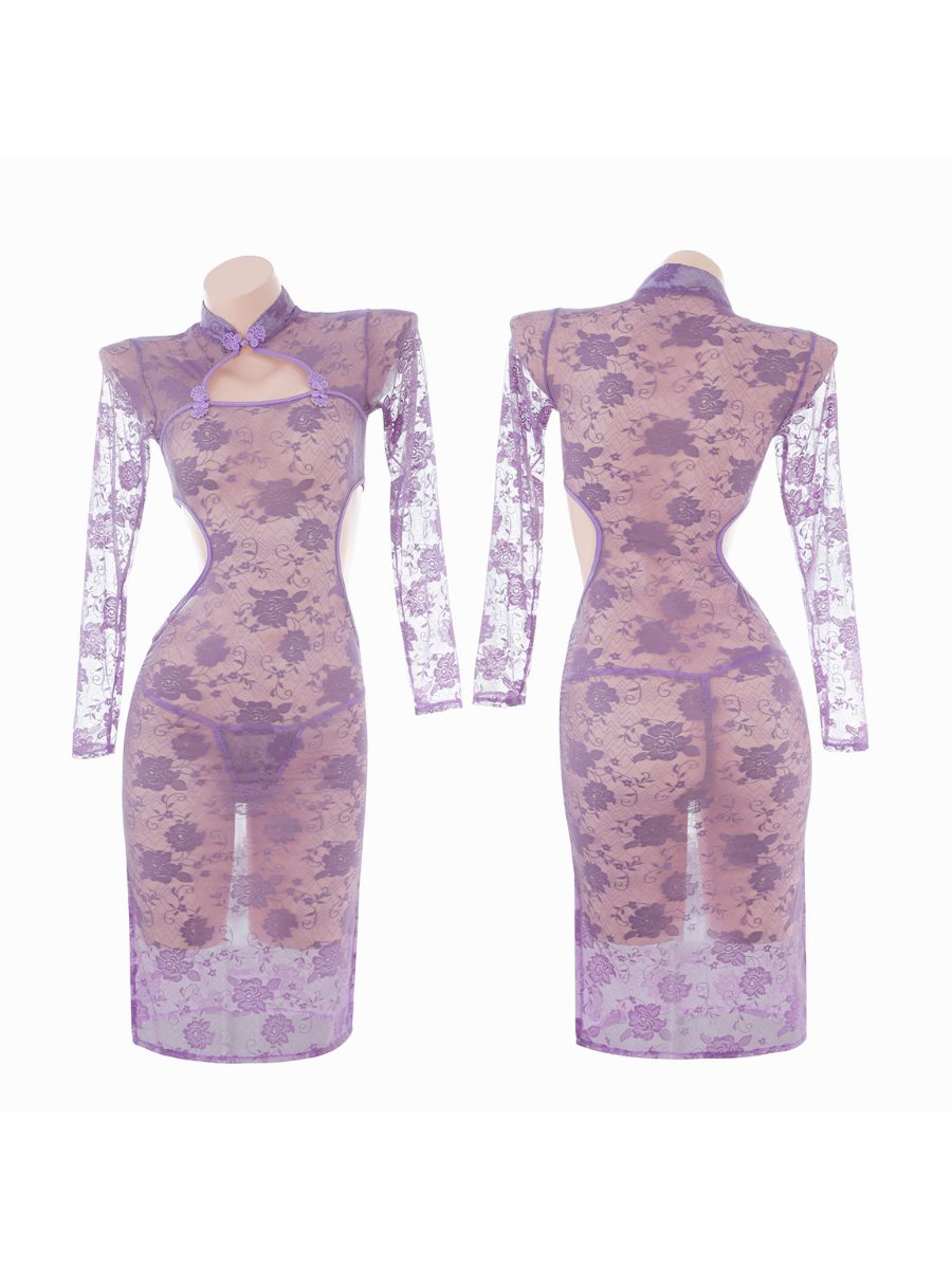 Purple Floral Lace Slit Cheongsam - Transparent Chinese Teddy Blesssafe