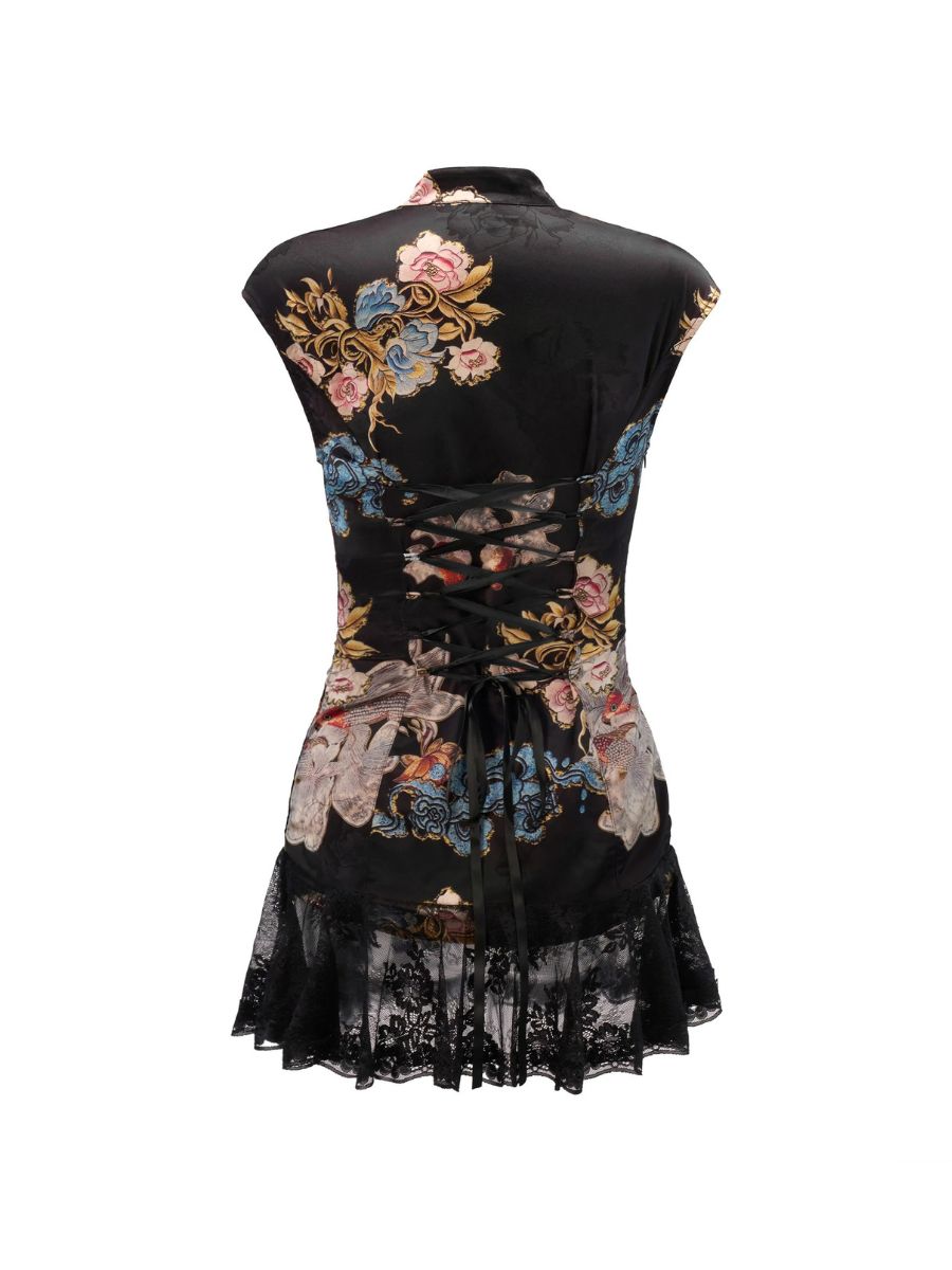 Black Floral Cheongsam Mini Dress - Vintage Asian Style Outfit Blesssafe