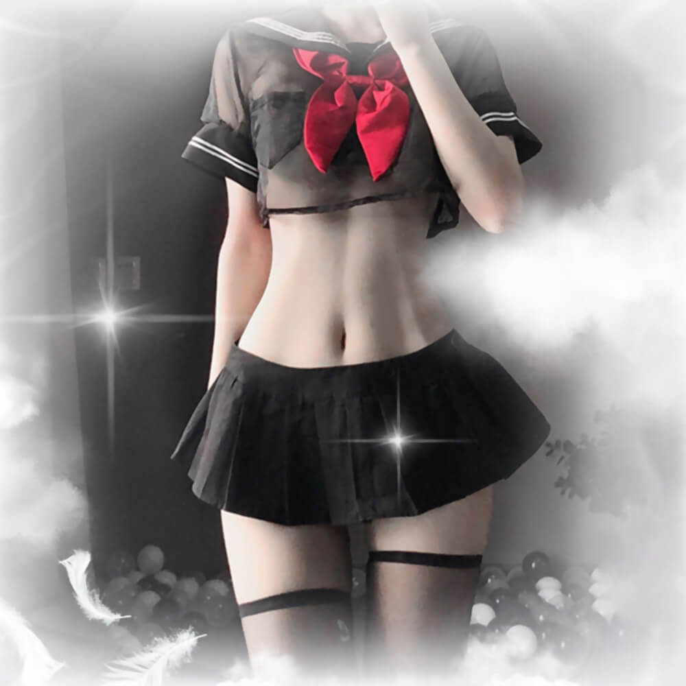 Anime Mesh Crop Top and Mini Skirt - Sheer Transparent Uniform Blesssafe