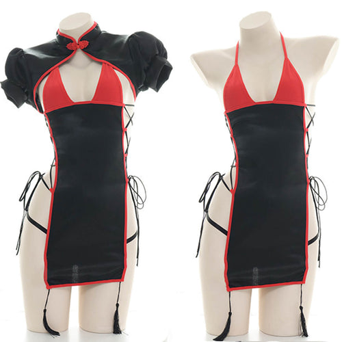 Chinese Classical Cheongsam Lingerie Dress High Split Side Straps Cosplay Outfit Blesssafe