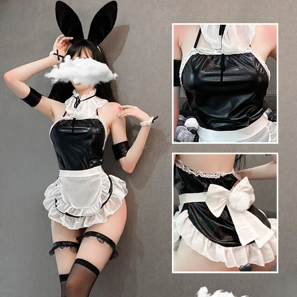Patent Leather Bunny Maid Cosplay Teddy Uniform with Apron Blesssafe