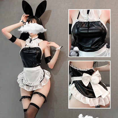 Patent Leather Bunny Maid Cosplay Teddy Uniform with Apron Blesssafe