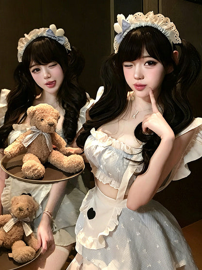 Blue Gingham Ruffle Maid Cosplay Outfit Set Blesssafe