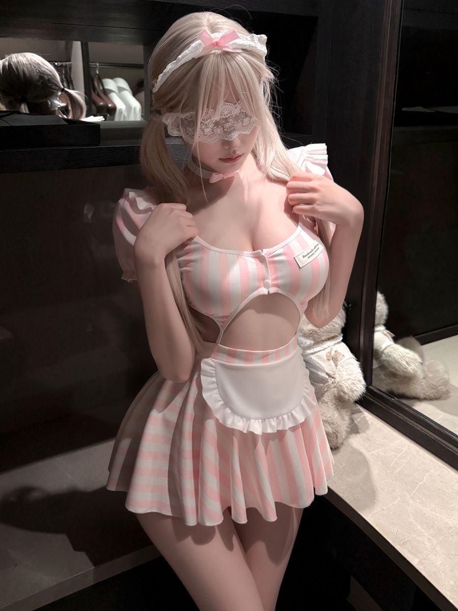 Pink Striped Maid Cosplay Babydoll Dress Set Blesssafe