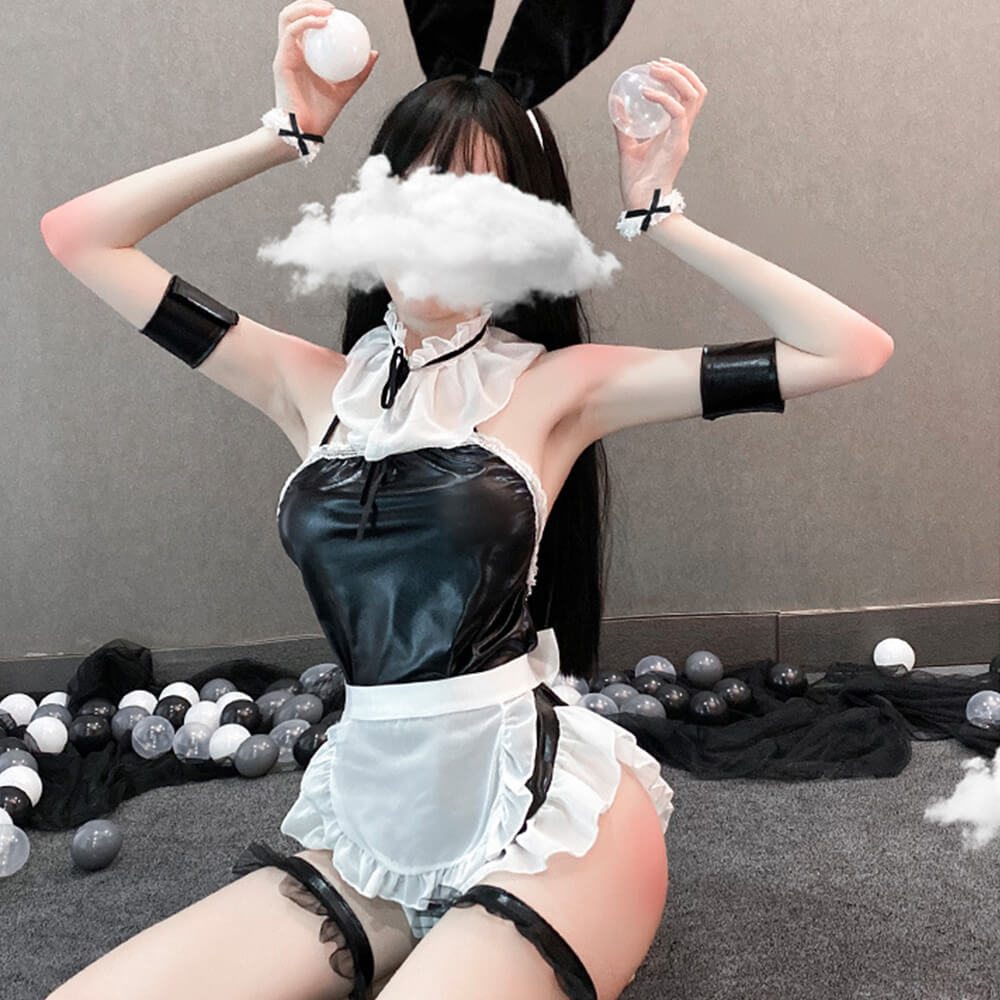 Sexy Bunny Anime Lingerie Patent Leather One-piece Apron Backless Maid Cosplay Uniform blesssafe