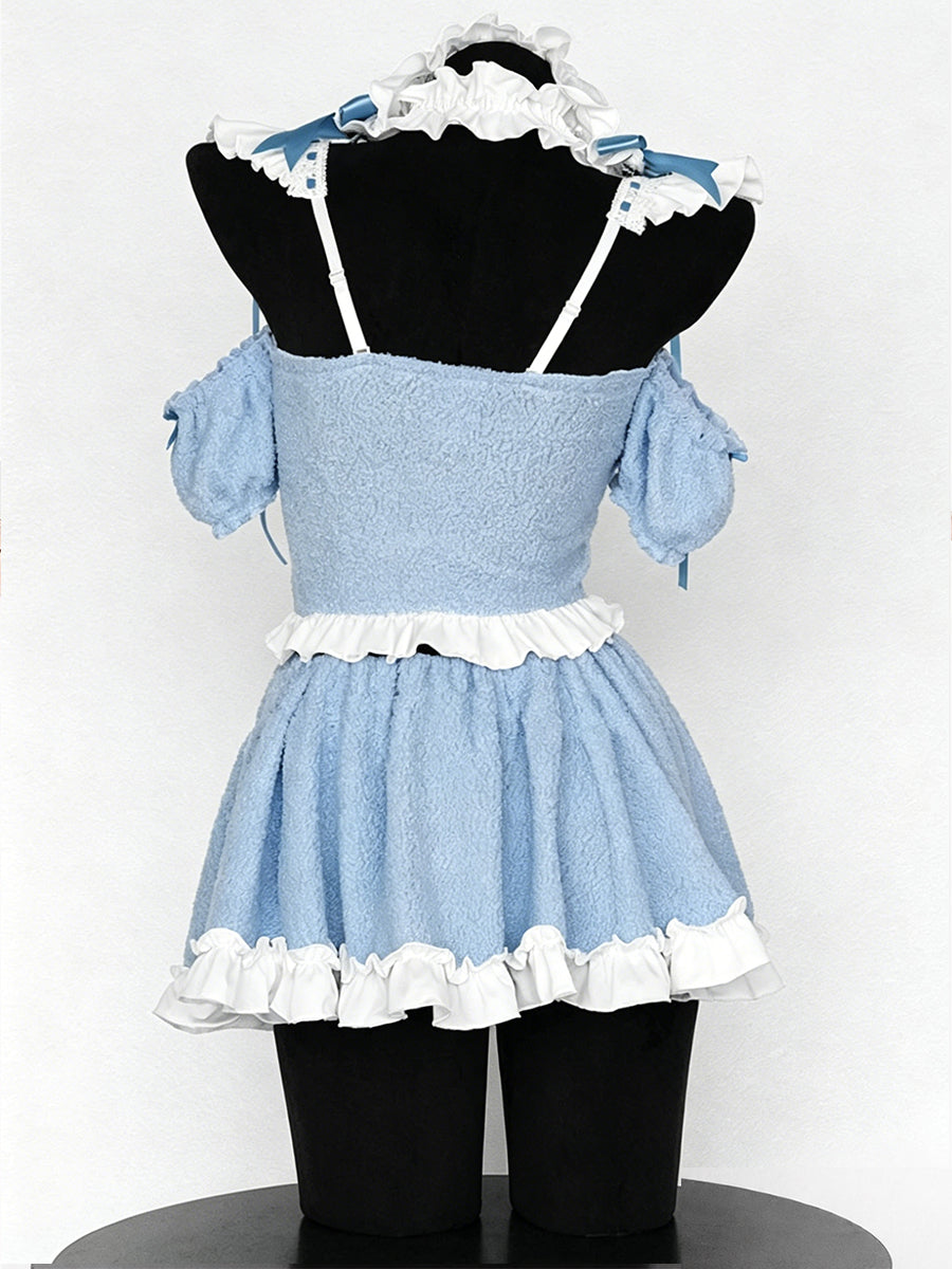 Fleece Light Blue Cat Maid Cosplay Outfit Set Blesssafe