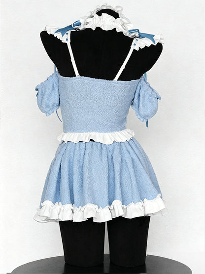 Fleece Light Blue Cat Maid Cosplay Outfit Set Blesssafe